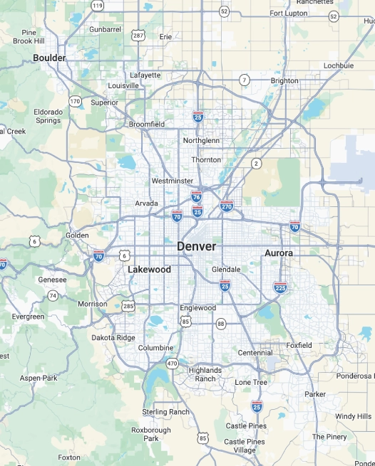 Map of Denver Metro communities served by Core Roofing Systems